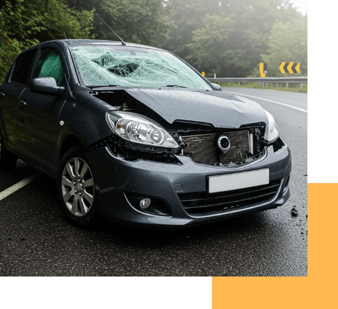 Image of a black car in a head on collision