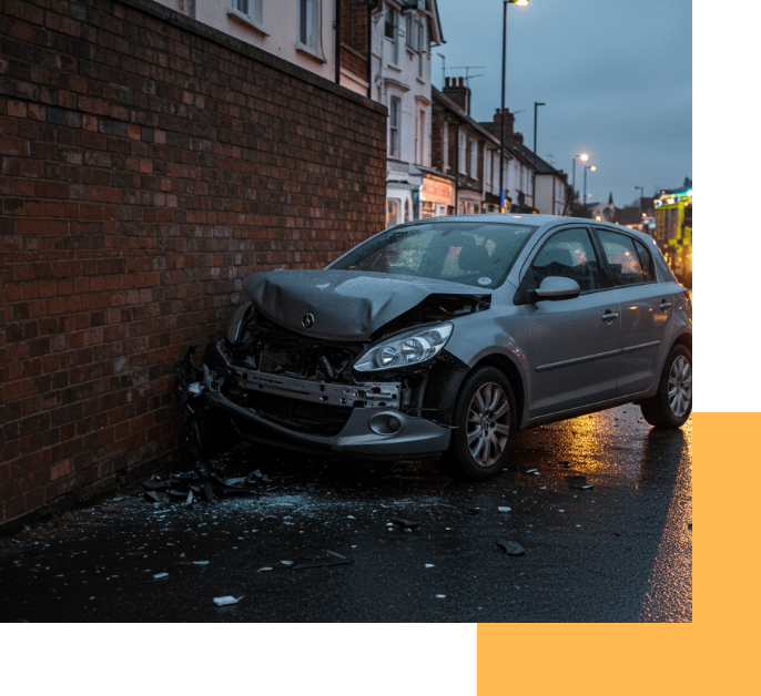 Image of a black car in a head on collision